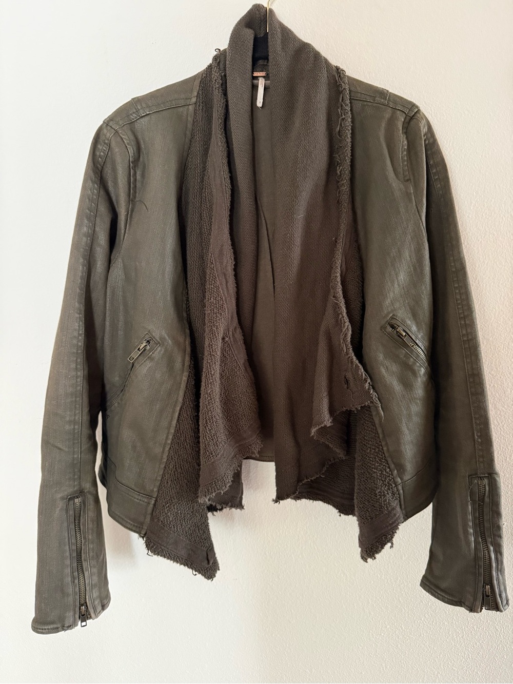 Free People Draped Knit Moto Jacket Olive Brown Cropped Boho Zip Sleeve Sz 8